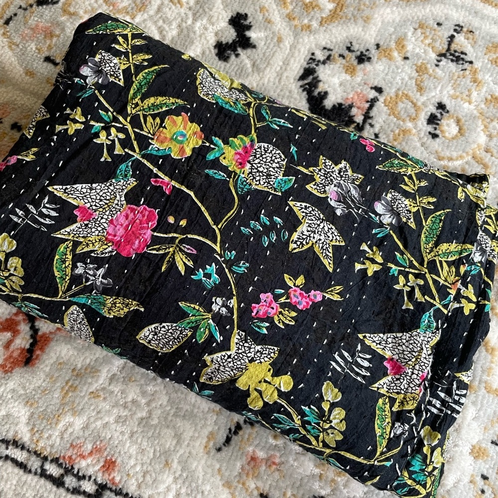 Black patterned Kantha twin blanket